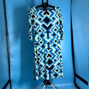 Rafaella Woman  Stretch Blue Geometric Print Shift Dress Size XL